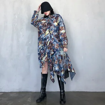 

Johnature 2020 New Fashion Streetwear Print Irregular Dress Women Spring Turn-down Collar Loose Single-breasted Female Dresses