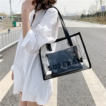 

Fashion letter prints Transparent Bag Pvc Women Tote Black Color Ladies Bag Summer Beach Bag Composition Bags for Girls