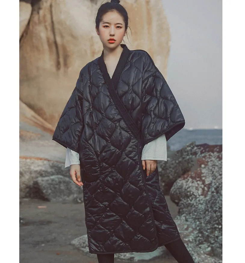 Dark Black Winter Japanese Kimono Bandage Robe Loose Long Cotton Padded Jacket Winter Warm Long Coat LM88 - Цвет: Black