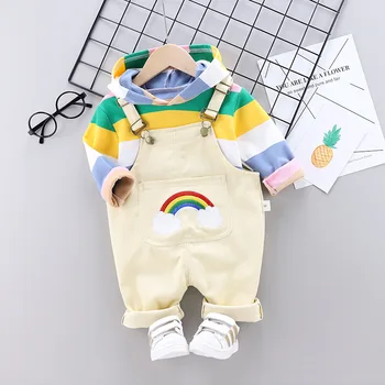 

Baby boy clothes overalls two-piece suit baby girl striped long-sleeved hooded sweater cartoon rainbow printed cotton baby suit