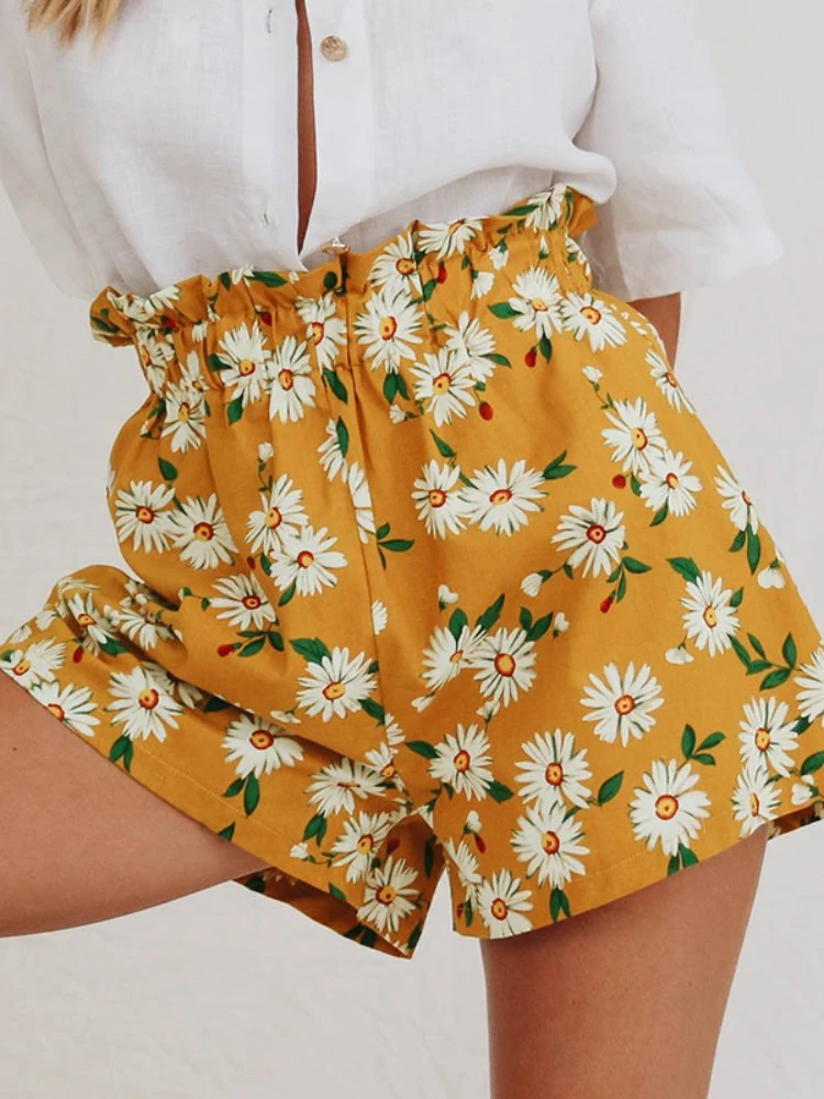 Pantalones cortos blancos con estampado de flores para Shorts informales con cintura alta elástica para verano, 2021|Pantalones - AliExpress