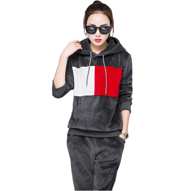 gray Спортивный костюм Voobuyla, Женский комплект, с капюшоном,, Осень-зима, бархатный, для бега, толстый, теплый, толстовка+ штаны, спортивный костюм, для фитнеса, спортивный костюм - Цвет: gray