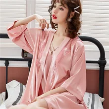 Женский халат и платье, наборы, сексуальные, кружевные, для сна, для отдыха, атласная пижама, женская одежда для сна, шелковый халат+ Ночное платье, одежда для сна