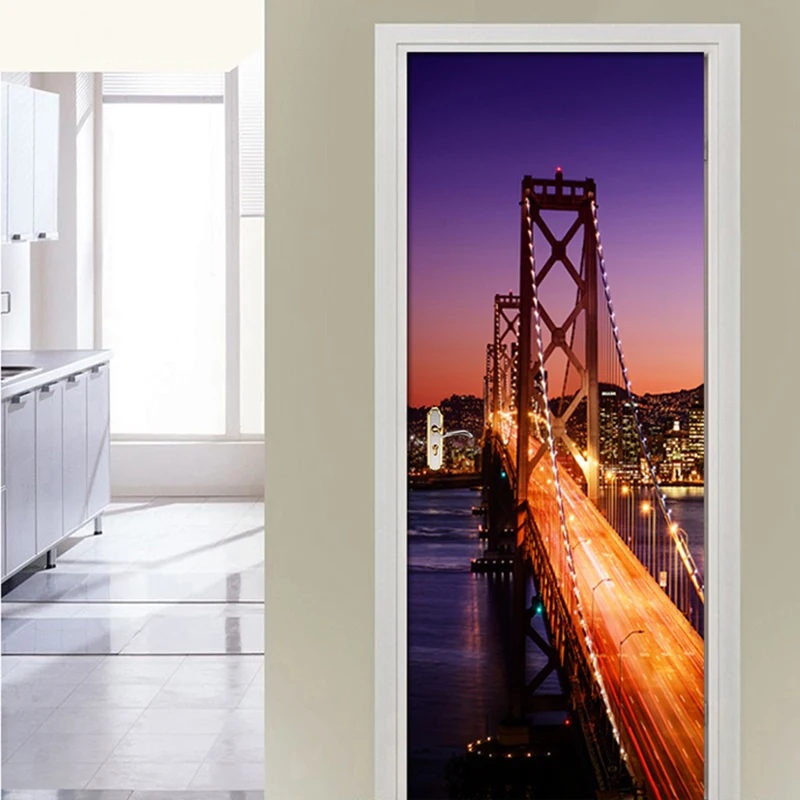 Самоклеящиеся 3D дверные наклейки с городским мостом ночным пейзажем настенная