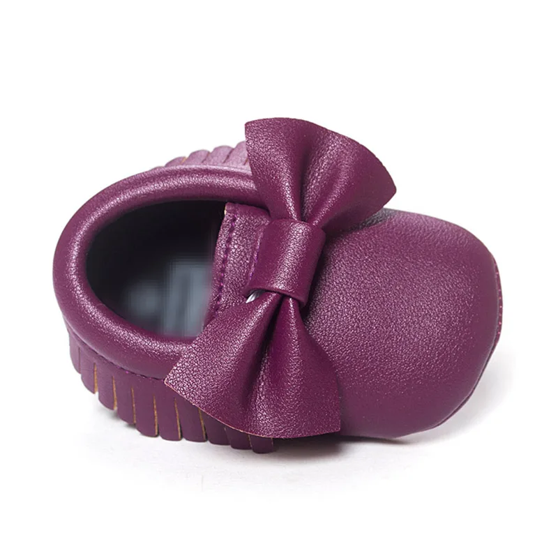Dark purple bow Обувь для маленьких девочек; мокасины для новорожденных; мягкая нескользящая обувь с бахромой для мальчиков и девочек - Цвет: Dark purple bow
