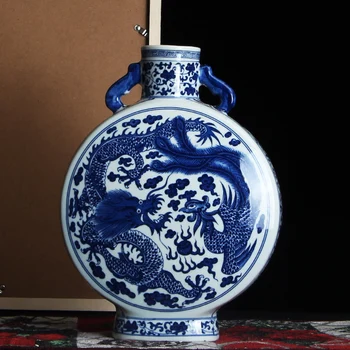 

JINGDEZHEN ANTIQUE BLUE AND WHITE VASE WITH DRAGON PATTERN DOUBLE EARS VASE ANCIENT MING AND QING PORCELAIN