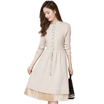 

Sweater Dress Women 2019 Autumn Fall Temperament Lady Long Sleeve Drawstring Lace Knee Length Pleated Turtleneck Knitting Dress