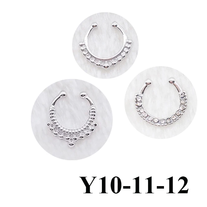 Silver 3pcs Y101112 Женский набор из 3 предметов, кристалл, кольцо для носа, зажим, черный цвет, круглая перегородка, пирсинг, кликер, искусственный зажим, не для тела, обруч для женщин, ювелирные изделия - Окраска металла: Silver 3pcs Y101112