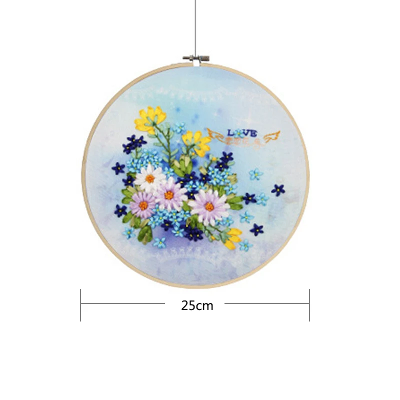 Hand Embroidery DIY Ribbon Materials Package Novice Embroidery Flowers Vintage Cross-Stitch Cloth With Frame Living Room Decor