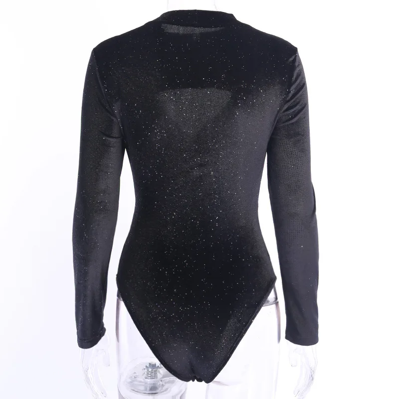 Velvet Long Sleeve Bodysuit Women Elegant Turtleneck Hollow Out Body Suit Autumn Winter Bodycon Jumpsuit Basic