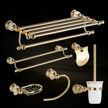 

European Bathroom Accessories Set Shiny Gold Crystal Towel Rack Metal Toothpaste Holder Wall Hanging Swivel Towel Bar