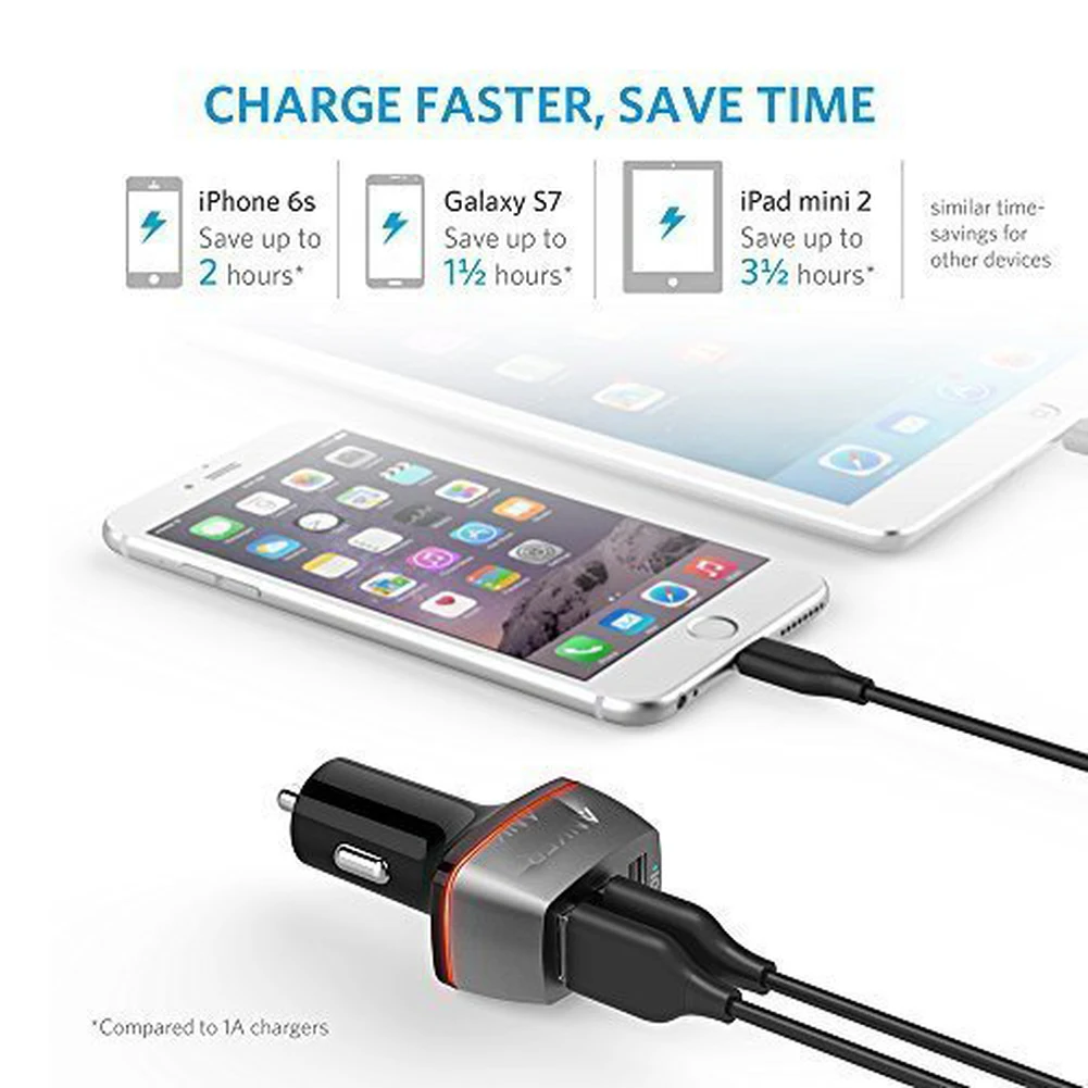 Автомобильное зарядное устройство PowerDrive+ 3 36 Вт 3-портовый USB для iPhone X/8/7/6s/Plus, iPad Pro/Air 2/mini Galaxy S7/S6/Edge/Plus, note5/4, LG, Nexus