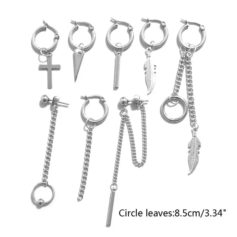 

8 Pcs/set Fashion Trend Titanium Steel Men Small Circle Leaf Earrings Simple Personality Women Triangle Cross Ear Jewelry Set