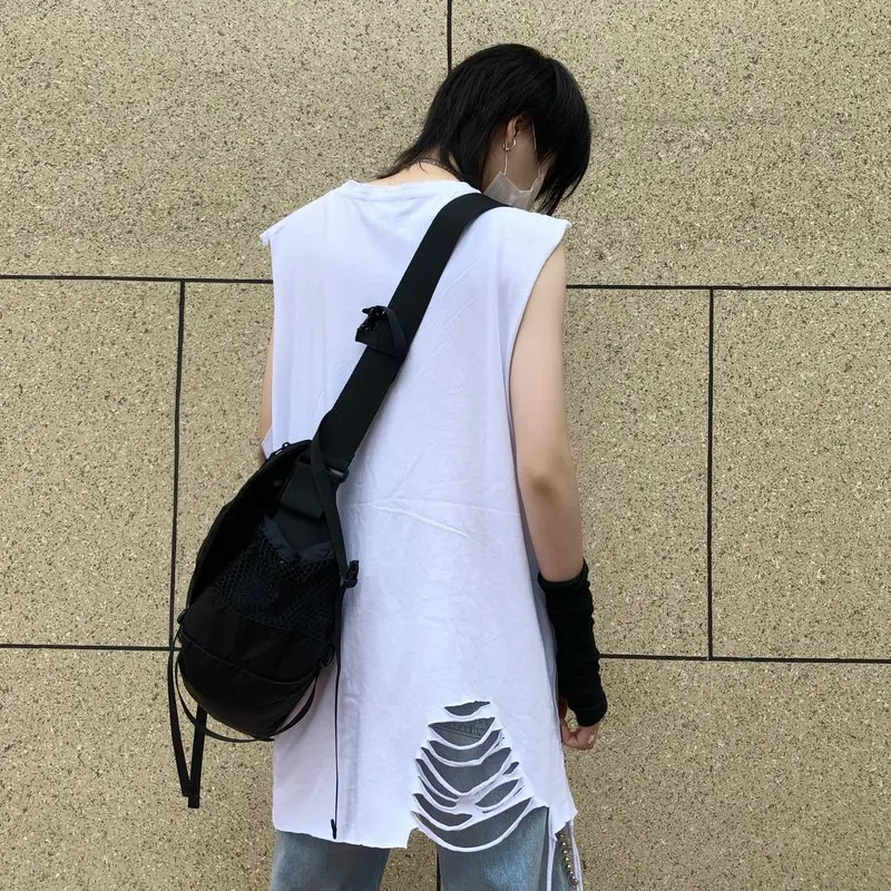 Корейский Harajuku летняя уличная мужская белая жилетка Плюс Размер Топ wo Мужская хип-хоп круглое отверстие шеи без рукавов Футболка женская рваная