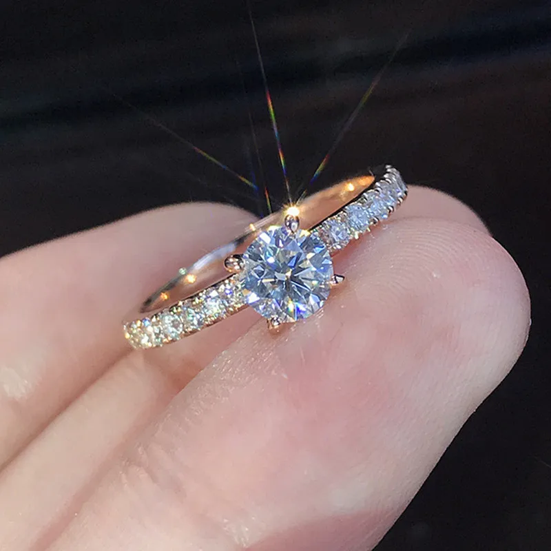 WUKALO 925 серебряные ювелирные изделия 1.5ct AAA циркон женские кольца для помолвки розовое золото цвет кристалл свадебные кольца для женщин - Цвет основного камня: Rose color