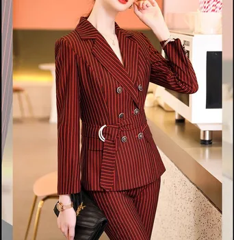 

2020 Free Shipping Autumn Winter Women Suits Office Sets Wear Blazer With Pants Plus Size 4xl Work Wear Red Striped Business