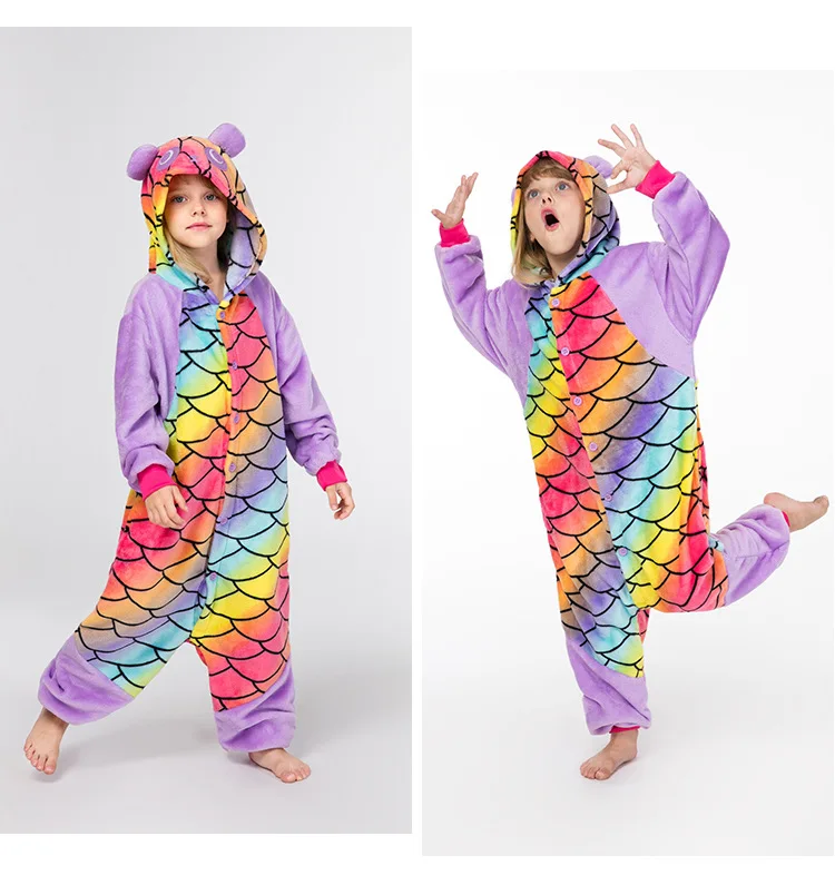 Kids Cosplay Girls Kigurumi Fish Scale Panda Onesies Pajamas Cartoon Pyjamas Halloween Costume Sleepwear Panda Jumpsuit Clothes