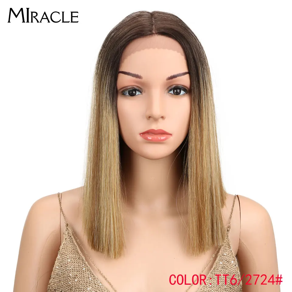 Чудо Омбре волос Плотность Боб парик коричневый блонд средняя часть прямые короткие синтетические кружева спереди Pixie Cut парик для черных женщин
