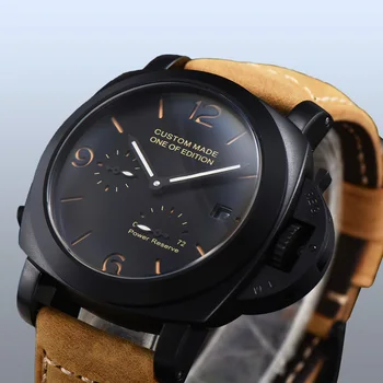 

Watch automatic 44mm military power reserve movement luminous pointer calendar PVD black steel case leather strap S2