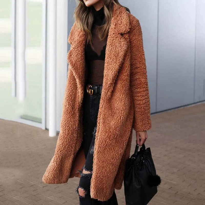 RUIVE Womens Faux Fur Cardigan Plus Size Pocket Fuzzy Warm Winter Loose Outwear Ladies Lapel Casual Coats