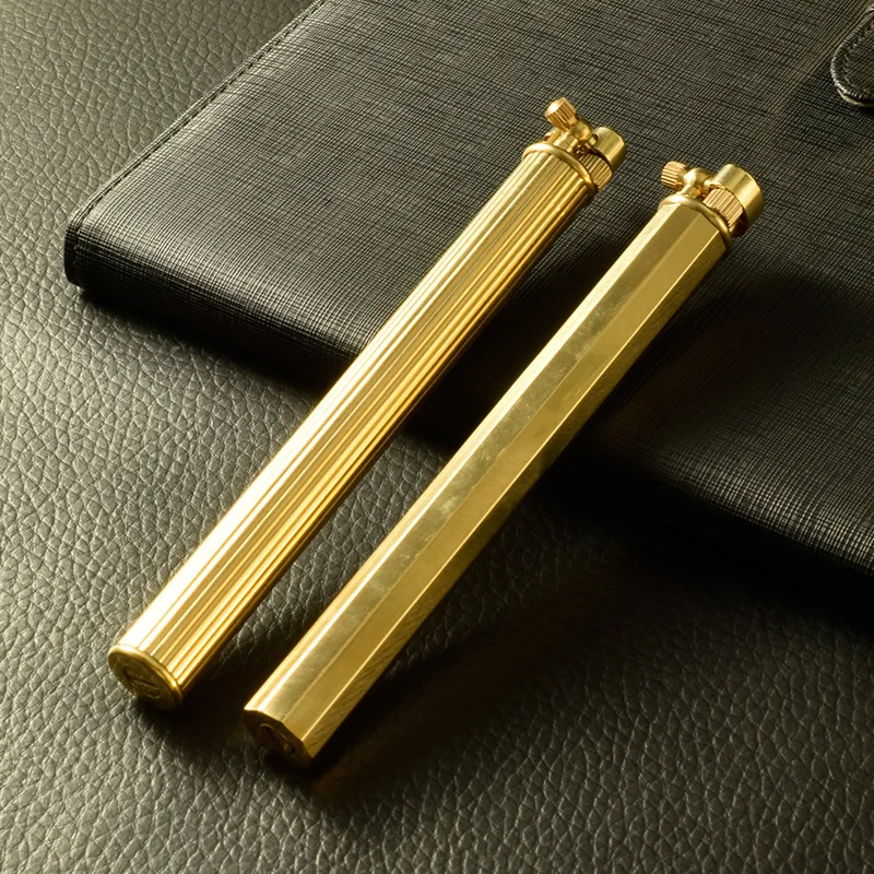 

New Pure Brass Long Cylindrical Heterosexual Kerosene Lighter Grinding Wheel Flint Gasoline Oil Lighter Collection Men Gift