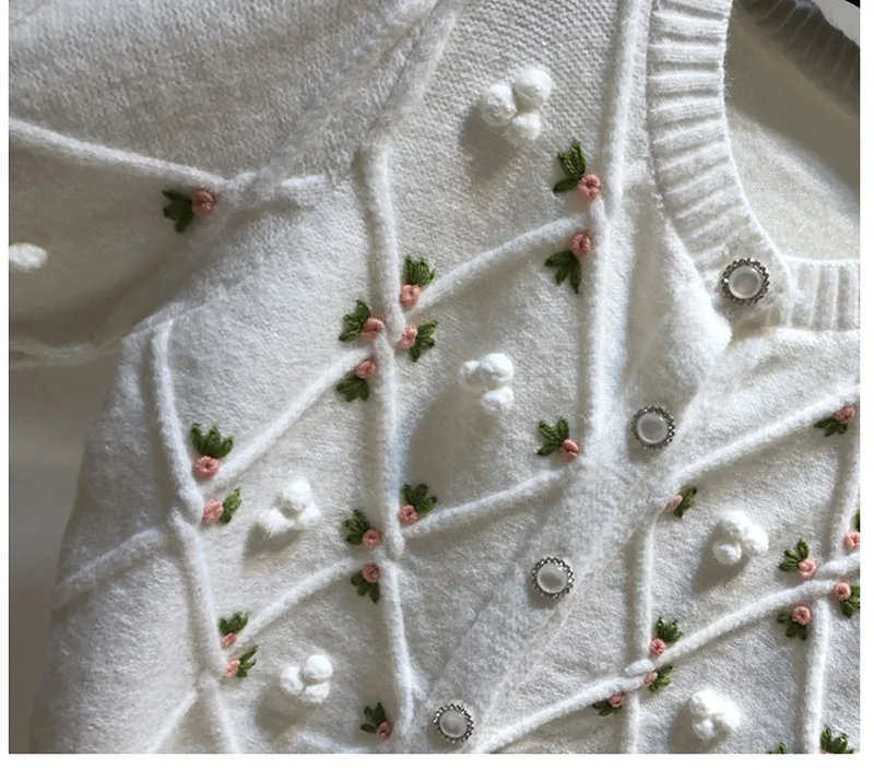 Корейская Алмазная жемчужная пуговица Милая Вышивка маленький цветок трехмерный шар свитер кардиган пальто женское трикотажное пальто