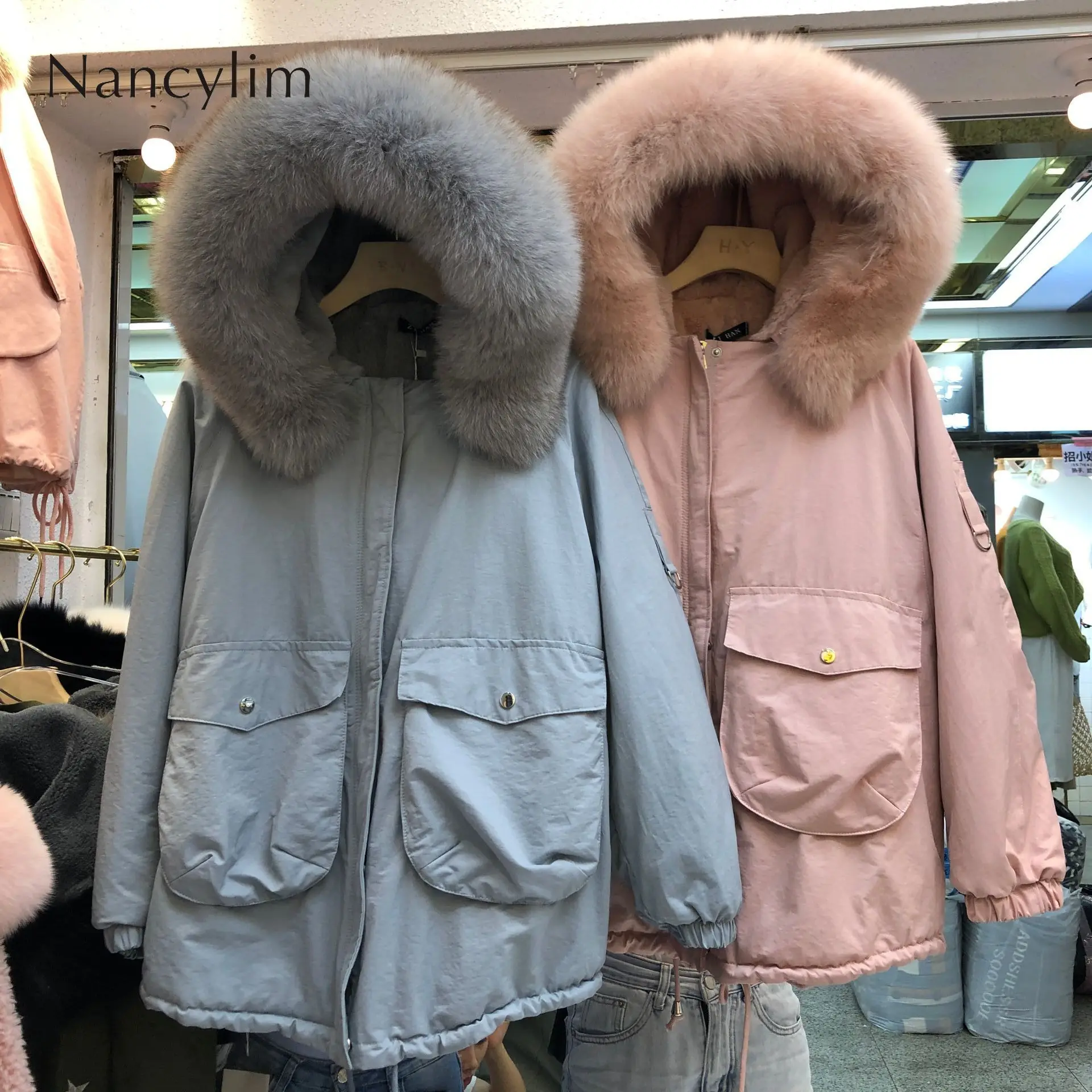 

Real Fur Coats New Women Autumn Winter Warm Velvet Thicken Parka Female Solid Color Big Pocket Jacket Outwears Hooded Overcoats