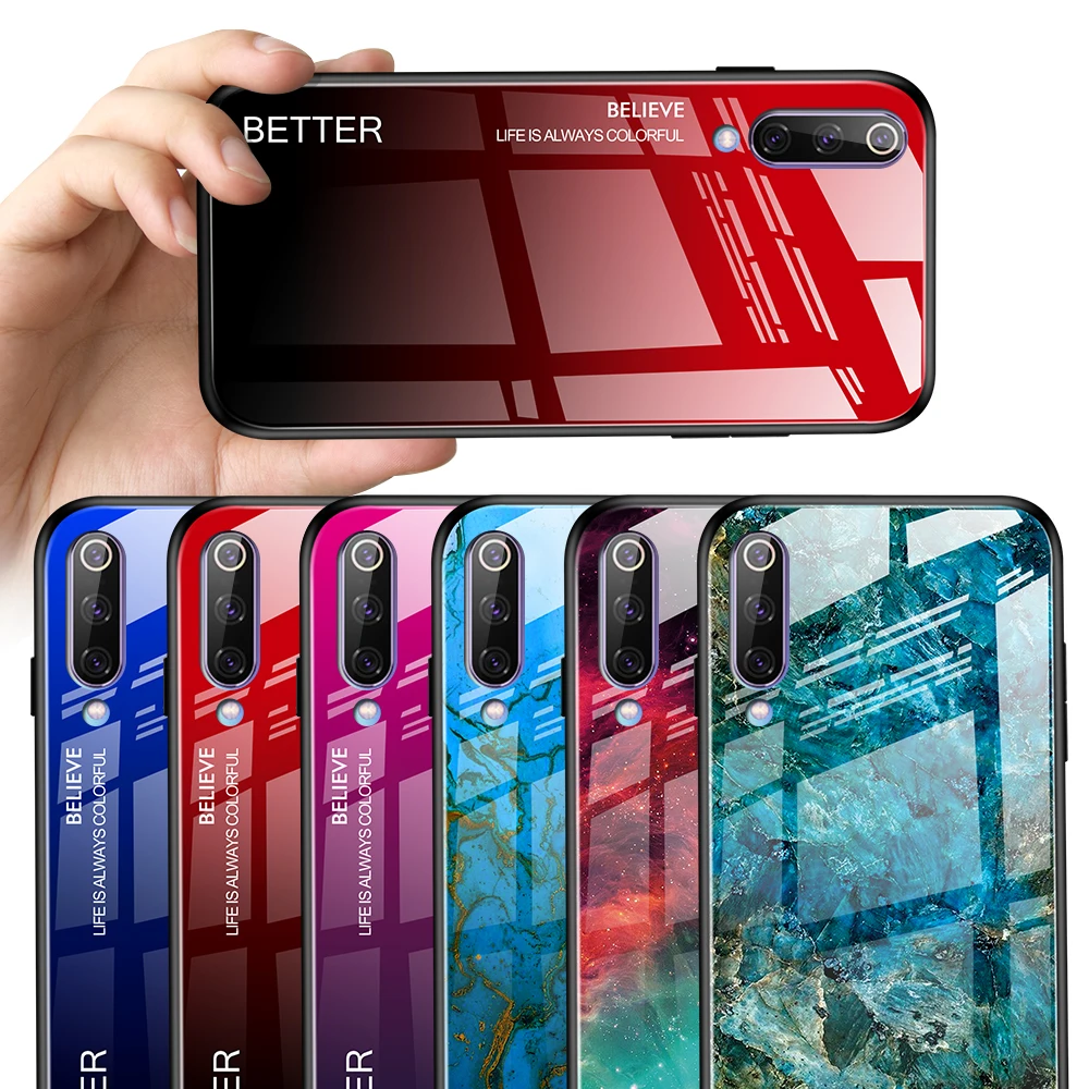 

Glossy Gradient Color Case For Xiaomi CC9 CC9E A3 Lite Mi9T K20 Pro Redmi Note 8 7 9 SE Marble Pattern Tempered Glass Back Cover