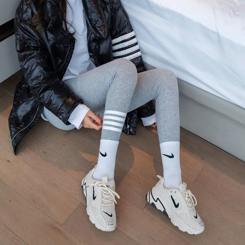 

Dabourfeel Gray Threaded Cotton Women Leggings High Waist Tight Fitting Stretch Slim Sports Fitness Casual Pants 2021 Fashion