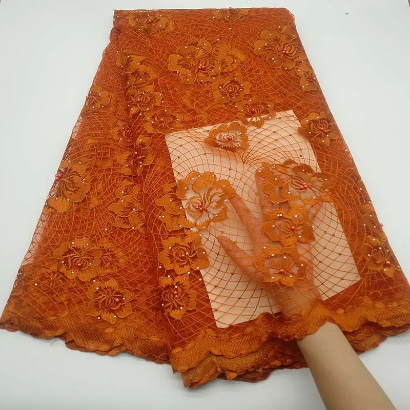 New Orange African Lace Fabric High Quality Nigerian French Tulle Mesh Lace Embroidery with Stones Swiss voile Lace Fabrics - Color: As Picture 6
