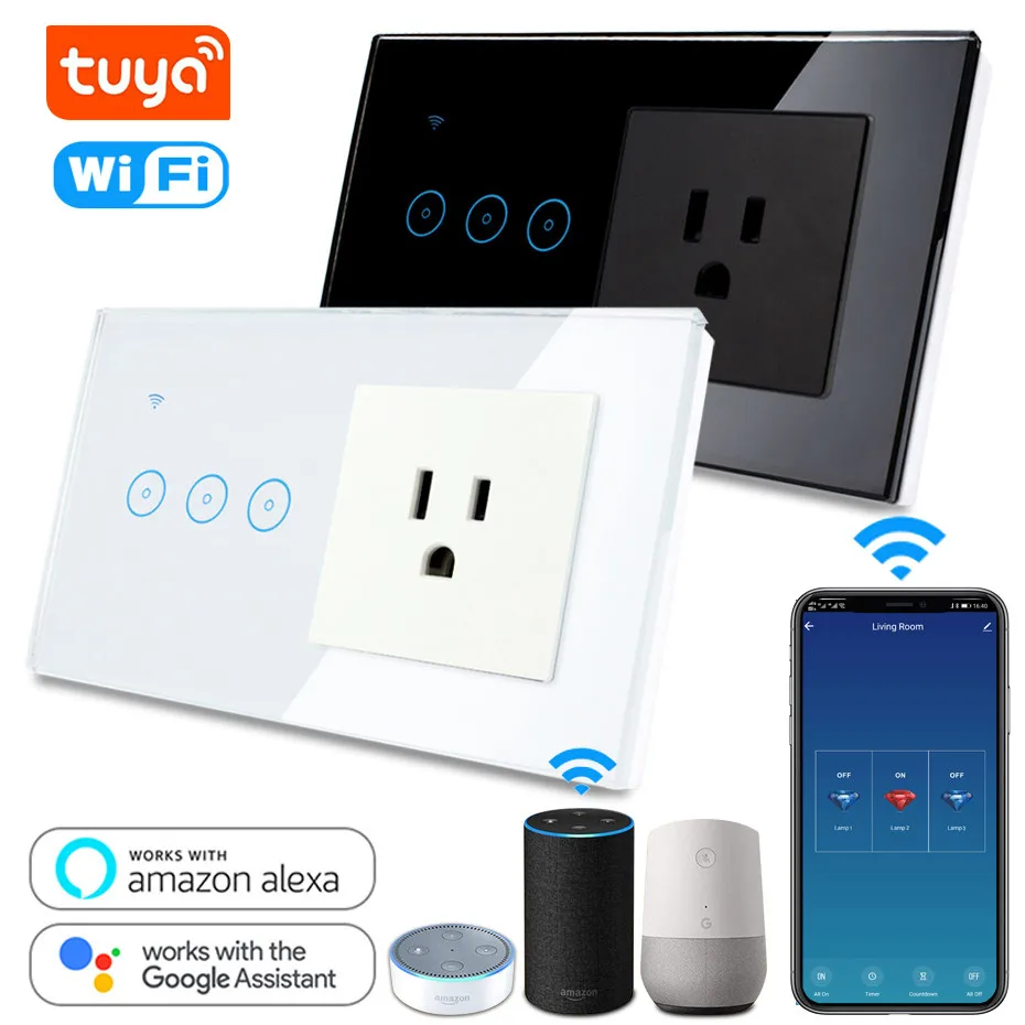 Tuya 16A Smart Wall Outlet Combo, Smart WiFi Light Switch, Smart Life APP  Remore Control WiFi Socket Work with Alexa,Google Home