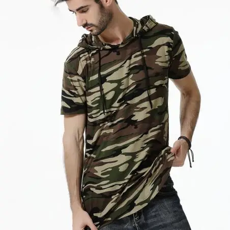 BT053 Camouflage Летняя хип-хоп Уличная футболка мешковатая повседневная с коротким рукавом с капюшоном удлиненная дуговая кромка на молнии футболки для мужчин камуфляжные Топы размер США - Цвет: BT053 Camouflage