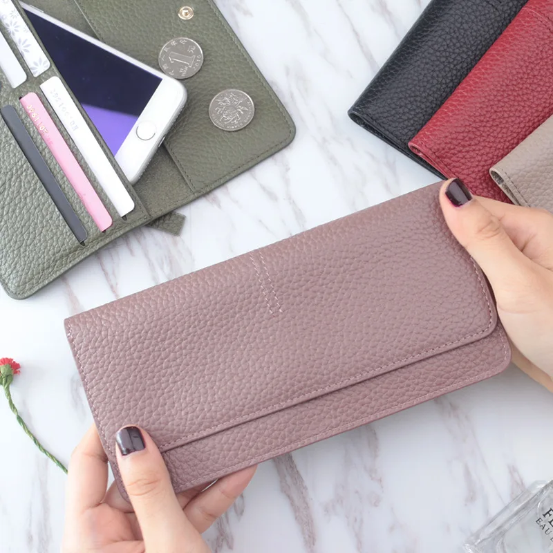 Women Wallet Card-Holder Coin-Purse Zipper Female Long Solid-Color Genuine-Leather Fashion