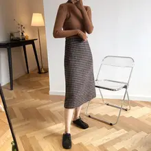 Винтажные клетчатые женские юбки осеннего размера плюс, длинные юбки-карандаш, Женские винтажные теплые плотные зимние юбки