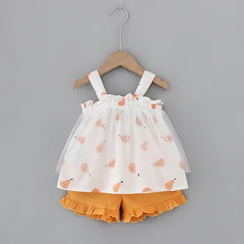 

Children's Suit 2020 Girls' Summer New Mesh Strap Lace Shorts Two-piece Set Baby Girls Combed Cotton Print Sleeveless