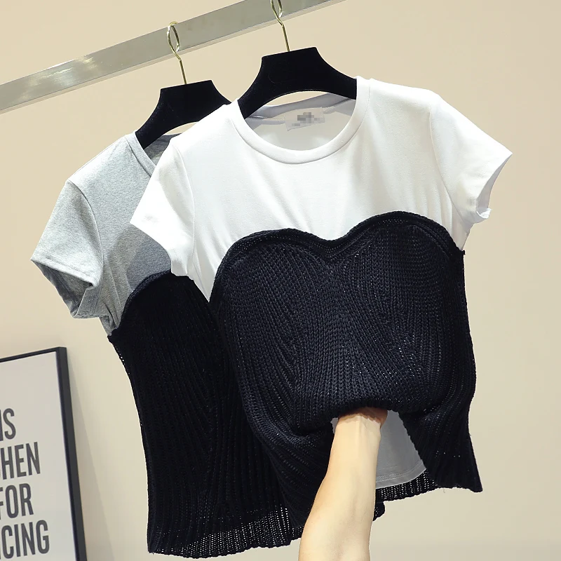 

Retro Short-sleeved T Shirt Female 2019 Spring New Trim Body Knitting Stitching Wrapped Chest T-shirt Tops Girls Ladies Crop Top