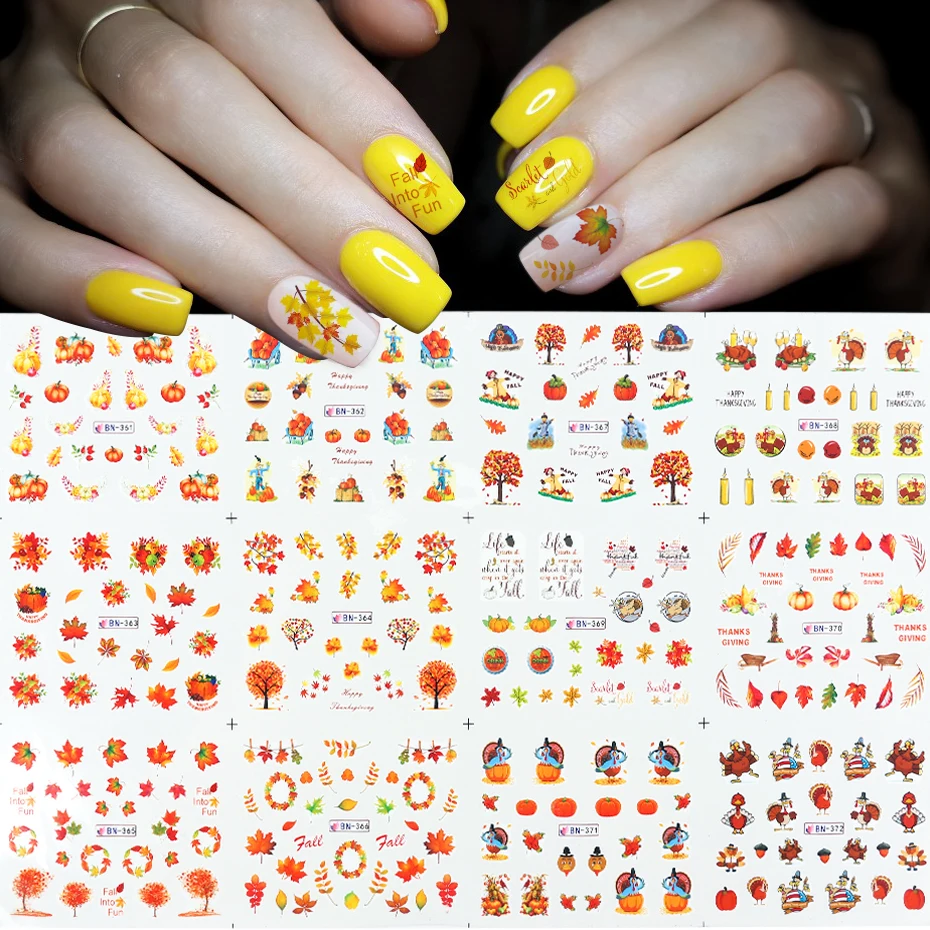 12 шт. наклейки для ногтей осень желтый клен наборы татуировок полный слайдер обертывания для воды наклейки для женщин маникюр Дизайн ногтей украшения BN