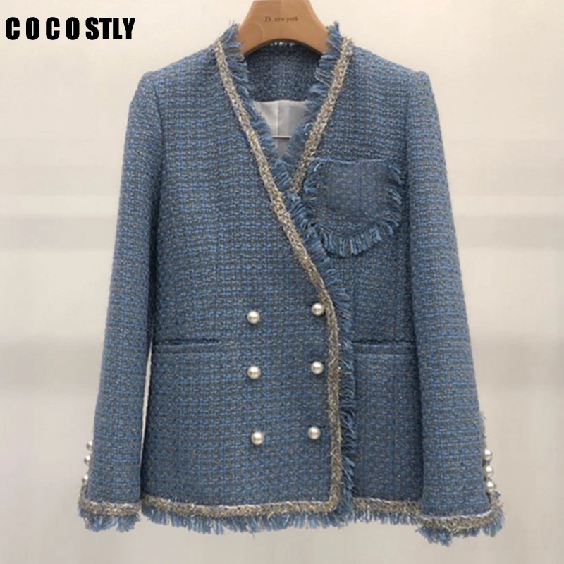 

High Quality Luxury Blue Tweed Jacket Women's Coat Beading Long Sleeve Woolen Fringed Trim Tassels Pearl Pocket Runway Jacket