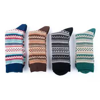 

4 Pairs Men Vintage Chunky Knit Crew Socks Contrast Color Stripes Tube Hosiery Y1AC