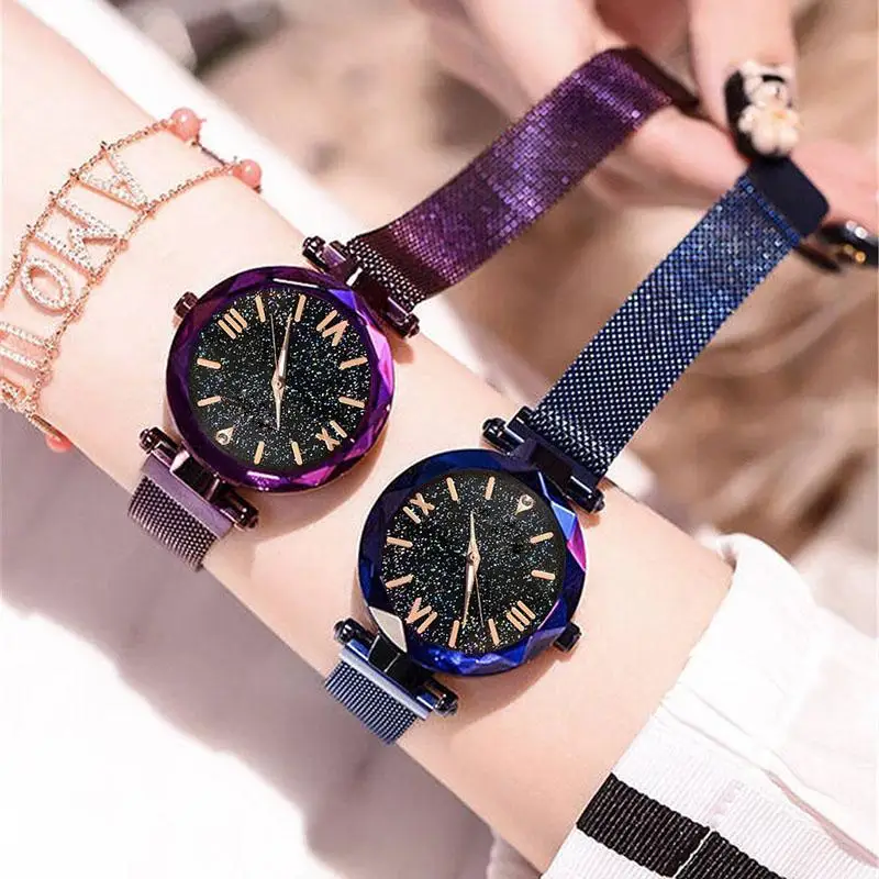 

Women Magnet Watches Starry Sky Dial Fashion Quartz Analog Mesh Strap Magnetic Wristwatch