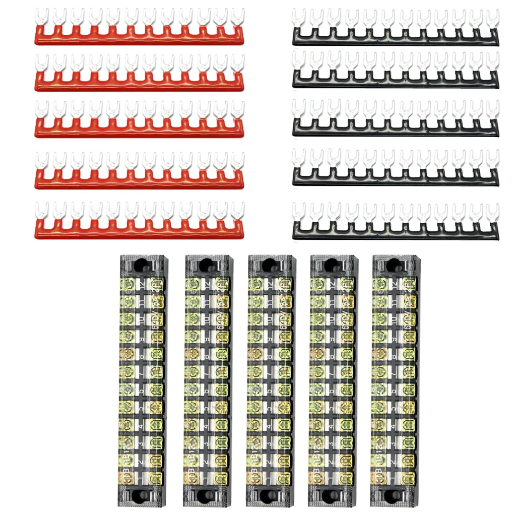 5 Sets 12 Positions Dual Row 600V 15A Screw Terminal Strip Blocks with Pre-Insulated Terminals Barrier Strip (Black & Red)