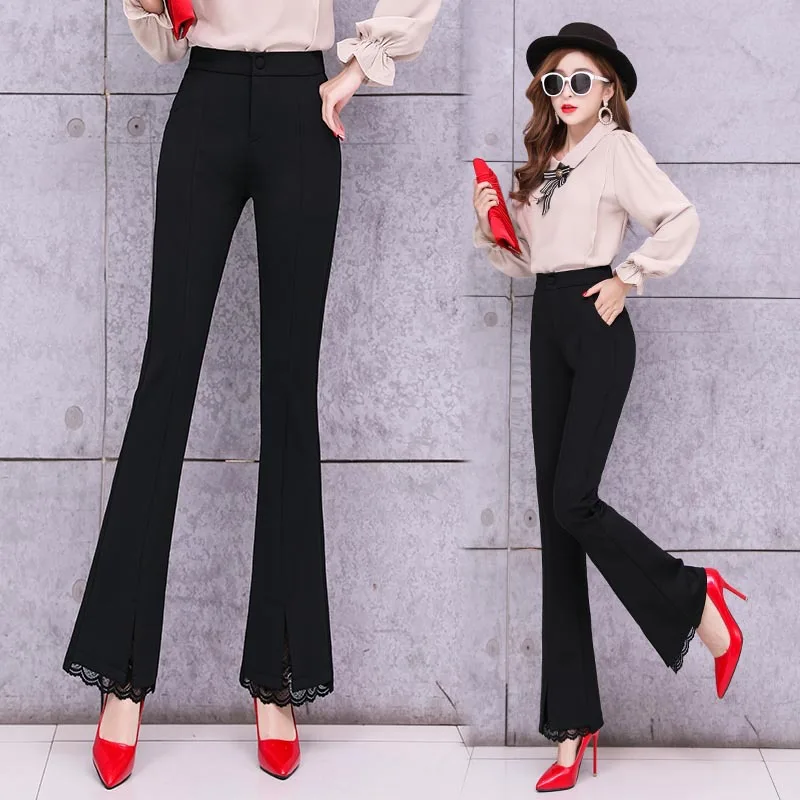 

Autumn And Winter New Style Lace Micro Bell-bottom Pants Korean-style High-waisted Elasticity Slim Fit Slit yu wei ku Women's