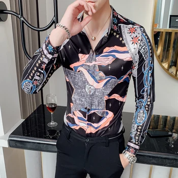 

Korean Men Clothes Shirt Men Streetwear Fashion Print Mens Casual Shirt Slim Fit Men Shirt Dress Party Tuxedo Camiseta Masculina