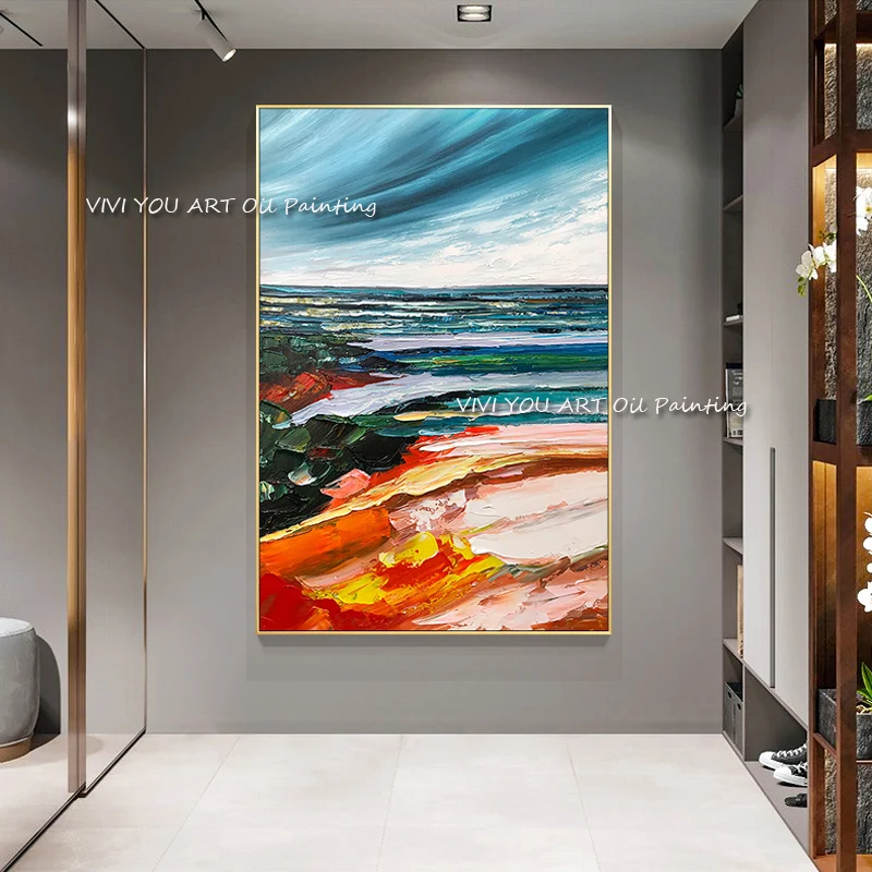 

100% Handmade Colorful Abstract Ocean Oil Painting On Blue Orange Canvas Hand-painted Wall Art Home Room Decoration Frameless