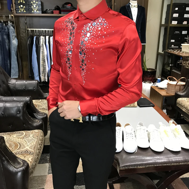 Новые брендовые модные повседневные мужские рубашки Бизнес Slim Fit Red diamond sequins Auger Social Shirt мужские для певицы для сцены мужские s рубашки