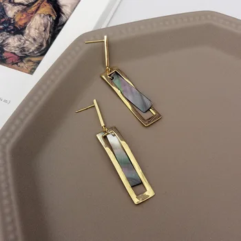 

Authentic 925 Sterling silver Gold OPEN Rectangle & nATURAL Shell Geometric dangle earrings jEWELRY TLE796