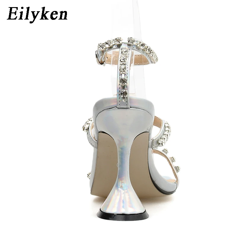 Eilyken Новая мода стразы женские босоножки на высоком каблуке; Соблазнительные туфли Пряжка на щиколотке босоножки с ремешками, с открытым носком, с украшением в виде кристаллов вечерние sandalia feminina