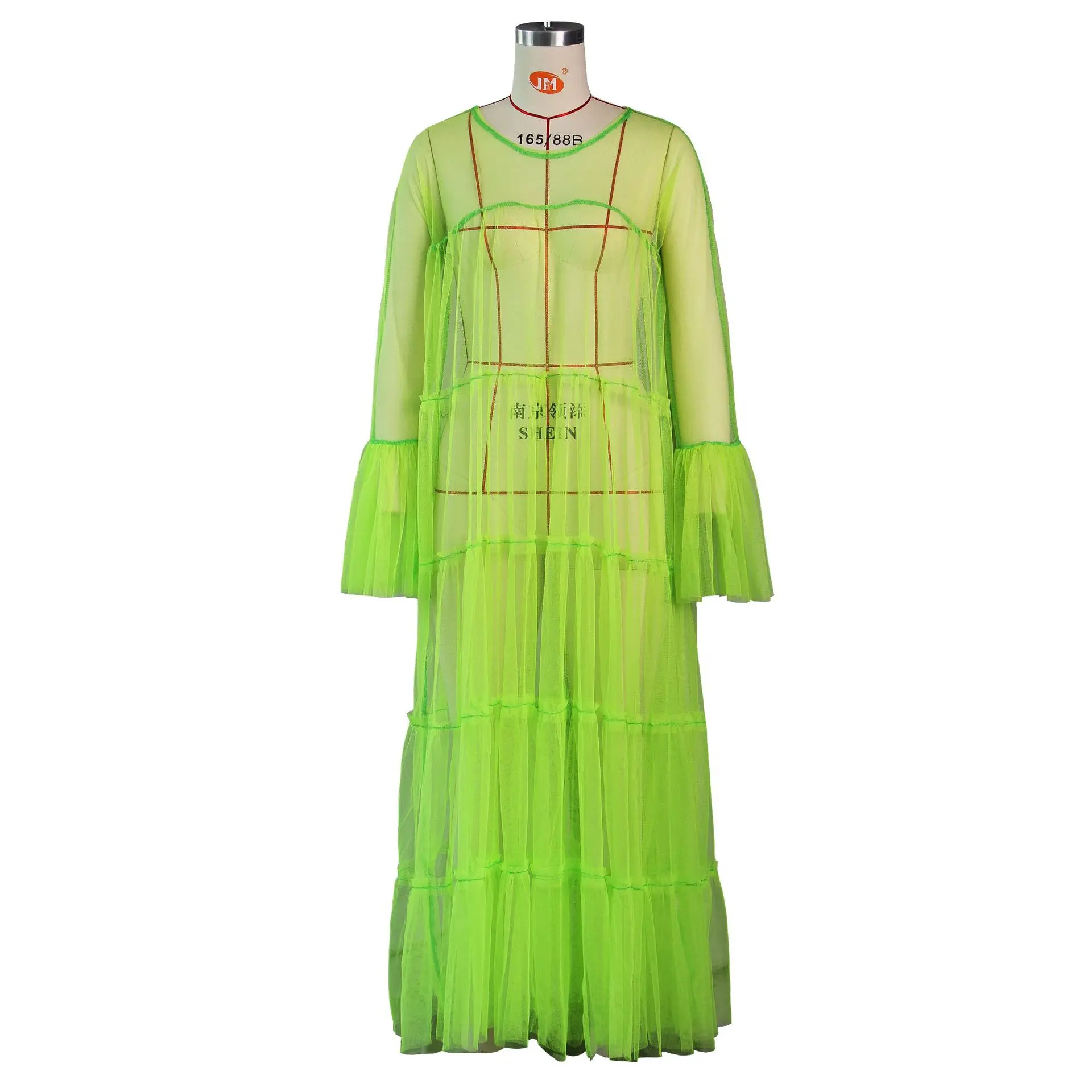 Fluorescent Green Echoine ФЛУОРЕСЦЕНТНОЕ зеленое платье из прозрачной сетки, прозрачное большое Свободное длинное платье с длинным рукавом, Женская Клубная одежда, летнее пляжное платье - Цвет: Fluorescent Green