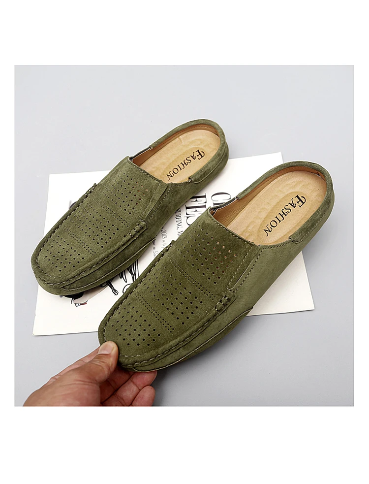 Man Summer Fashion Pig Skin Casual Half Shoe Male Breathable Soft Backless Half Loafers Hombre Open Back Leather Comfy Mocassins