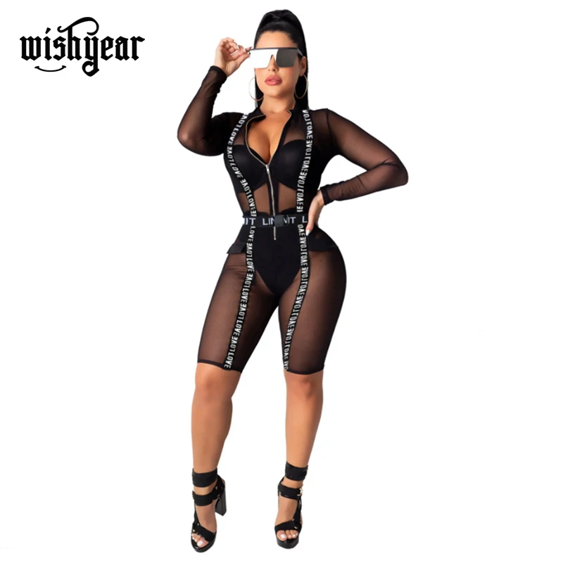 

Wishyear Love Letter Strap Sheer Mesh Knee Length Jumpsuit Front Zipper V Neck Long Sleeve Night Club Playsuit Women Sexy Romper